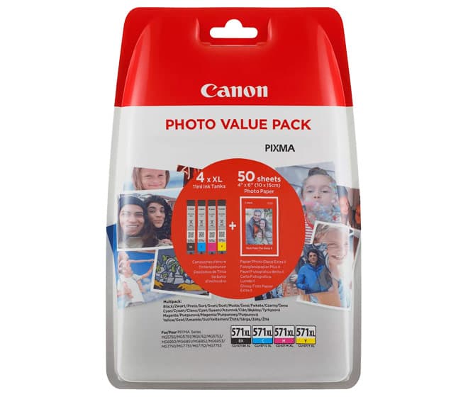 Pack économique de cartouches d'encre Canon CLI-571XL BK/C/M/Y avec 50 feuilles de papier photo 10x15 cm