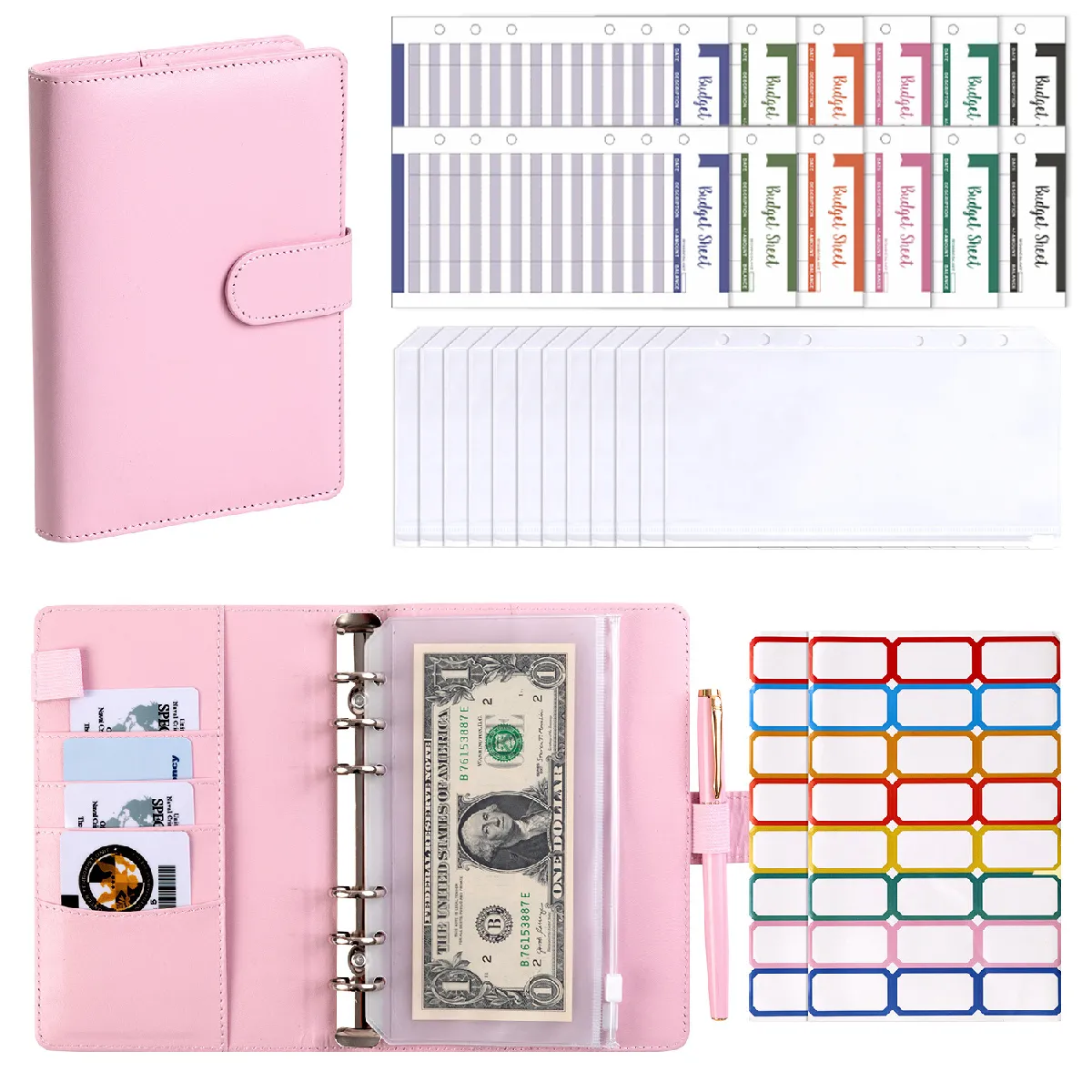 Carnet à anneaux A6 en similicuir rose, avec 12 fiches budget, 12 pochettes et