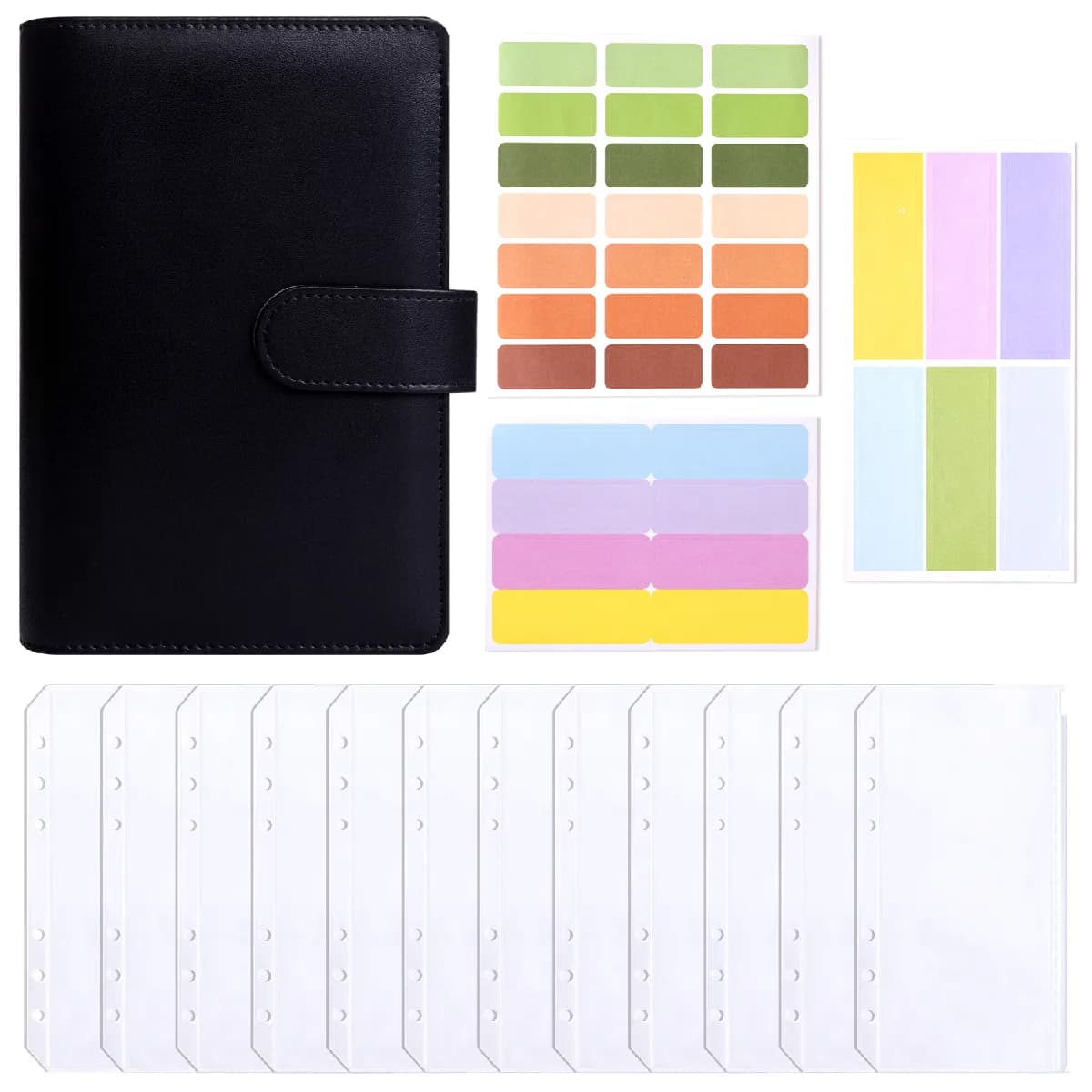 Carnet budget A6 à anneaux, style macaron, noir, avec 12 pochettes zippées et