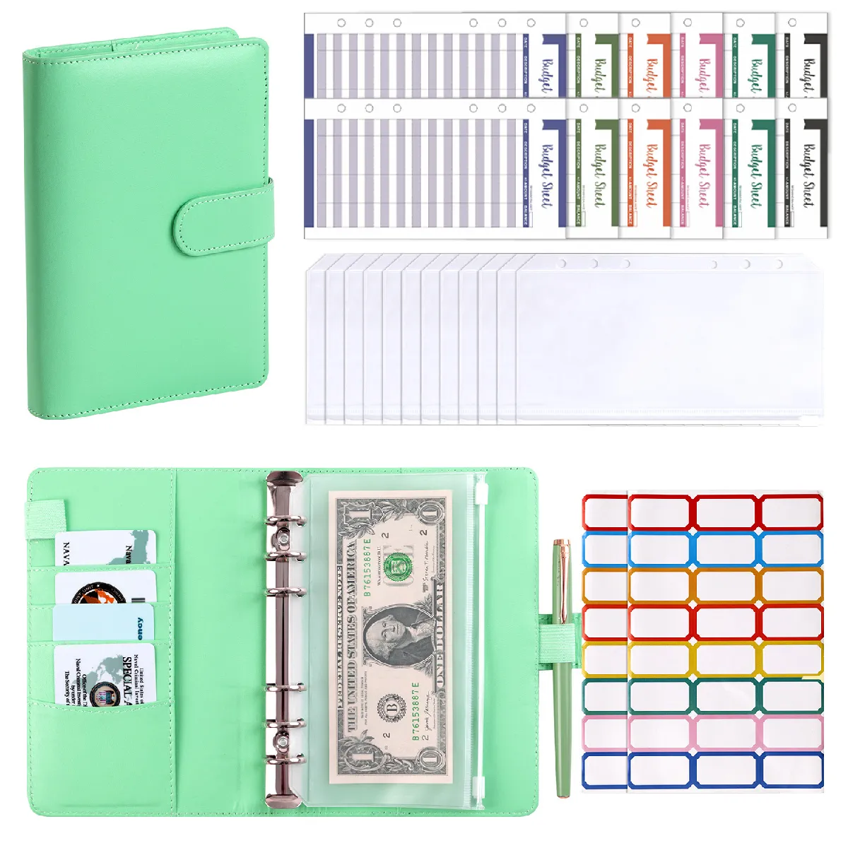 Carnet A6 en similicuir Macaron avec pochette zippée - Journal gestion - vert +
