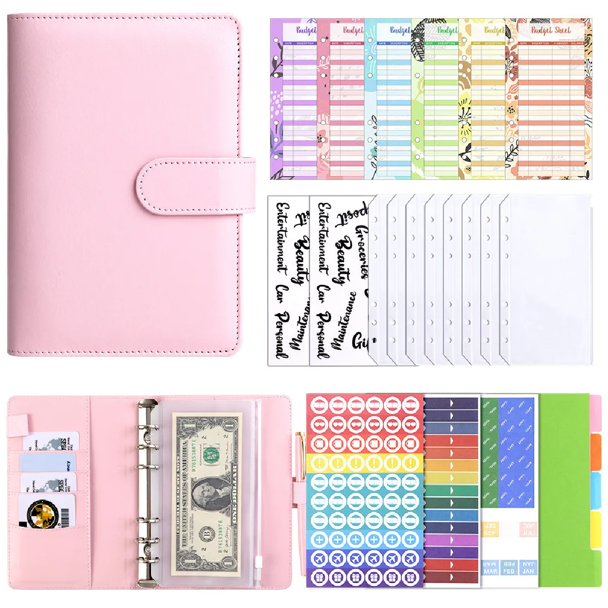 Carnet budget A6 en similicuir rose avec reliure - Comprend 12 fiches budget, 8