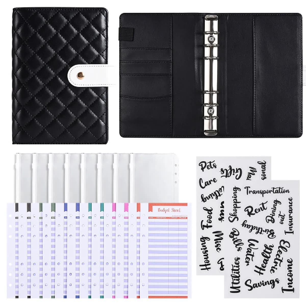 Carnet budget A6 en similicuir noir, format pain, avec 12 fiches budget, 8 et 2