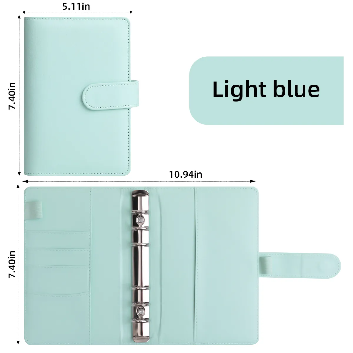 Carnet notes A6 à anneaux en similicuir bleu, avec pochette zippée et enveloppe