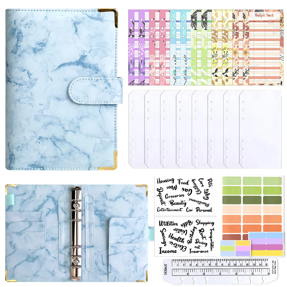 Carnet budget à anneaux A6 motif marbre - Bleu, avec 8 pochettes zippées, 12 A6