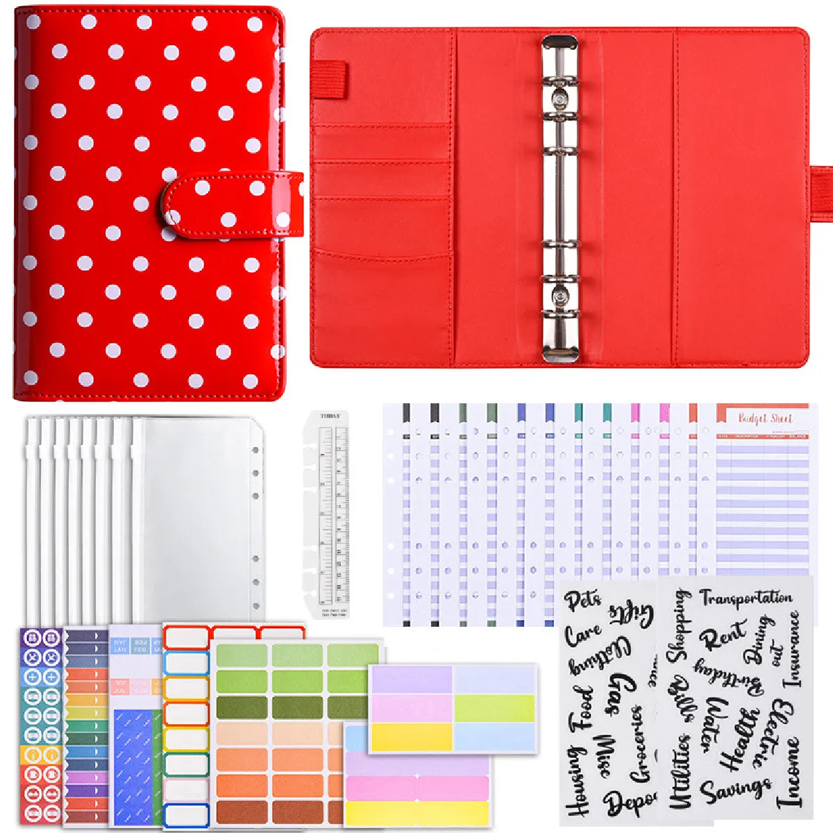 Carnet planification budgétaire A6 à pois macarons - Rouge, coffret cadeau luxe