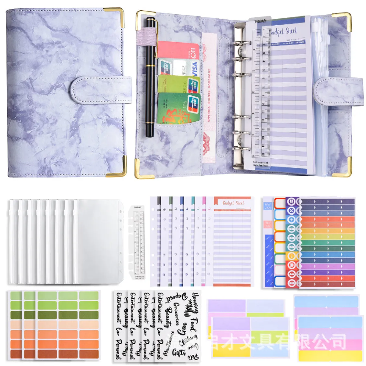 Carnet budget rechargeable en cuir PU A6, violet marbré, coffret cadeau luxe (12