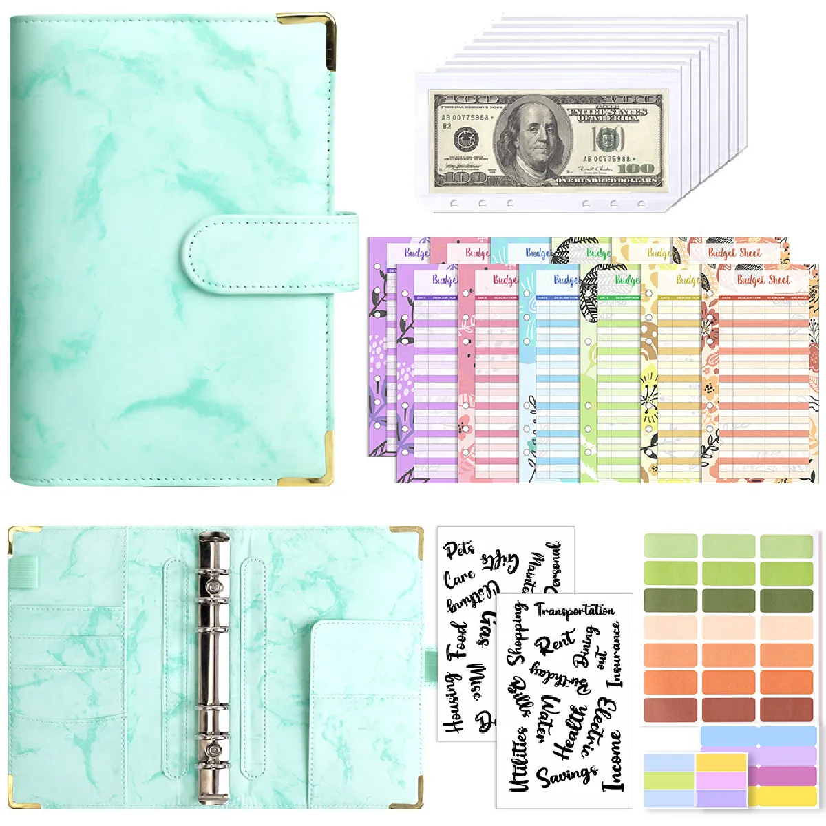 Carnet budget A6 à motif marbré créatif avec 8 pochettes zippées, 12 fiches 3 2