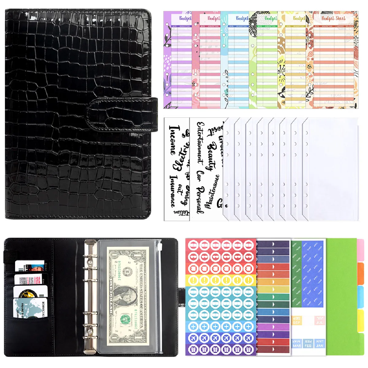 Carnet notes A6 rechargeable en cuir PU gaufré façon crocodile avec pochette - -