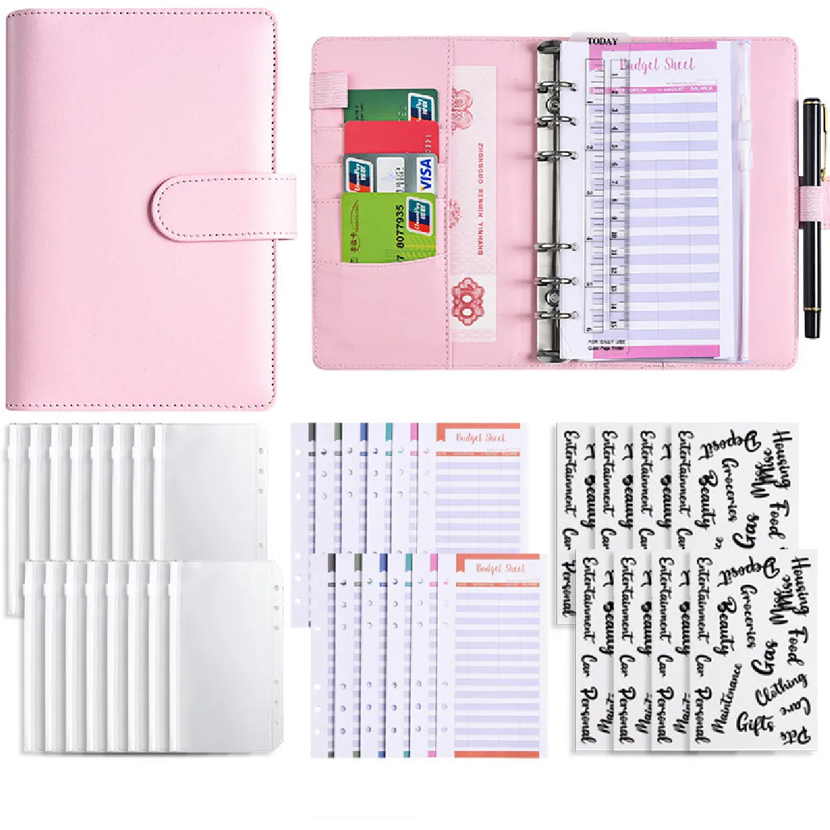 Carnet à spirale A6 en cuir PU avec pochette zippée - Agenda budgétaire rose (12