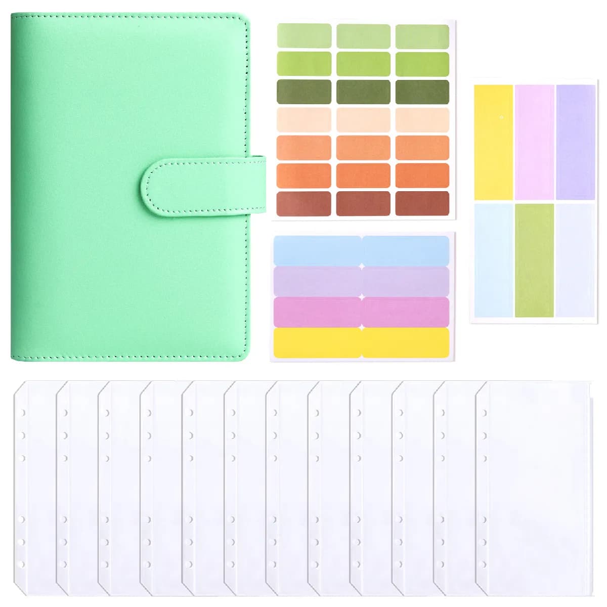 Carnet budget A6 à anneaux, style macaron, vert, avec 12 pochettes zippées et