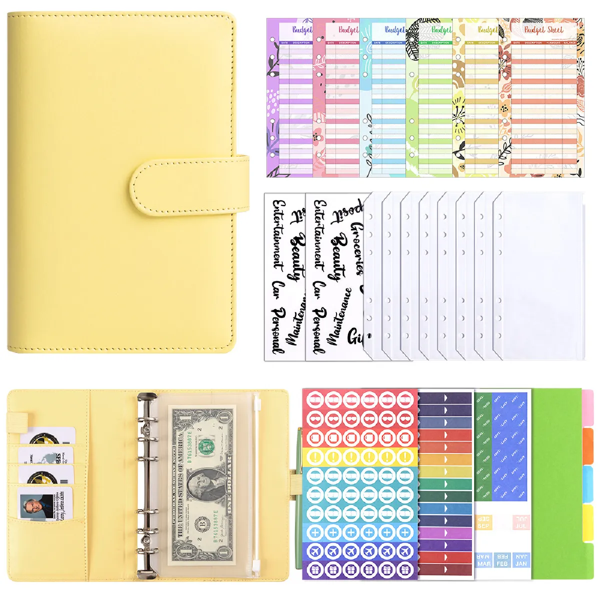 Classeur à billets A6 en similicuir jaune macaron avec pochette zippée - 12 8 2