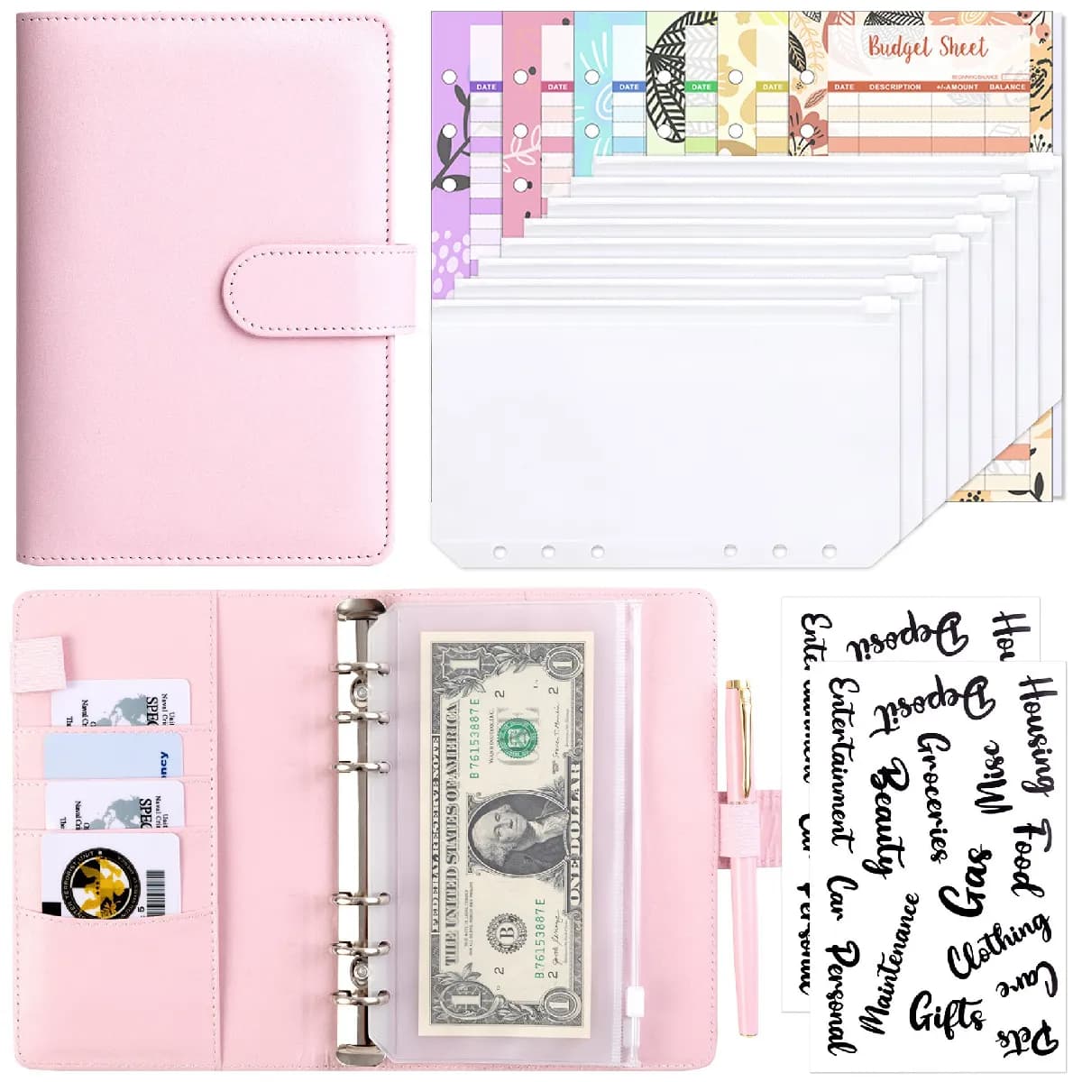 Classeur à feuilles mobiles A6 en similicuir rose macaron avec pochettes zippées
