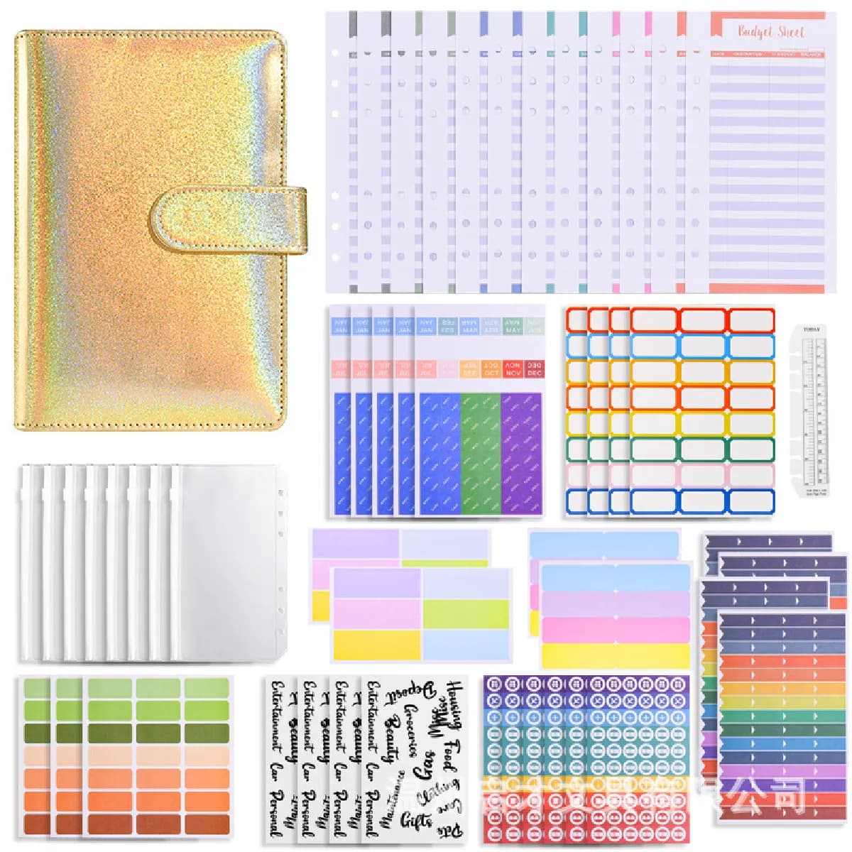 Classeur budget A6 en cuir PU holographique macaron - Coffret cadeau luxe, or +