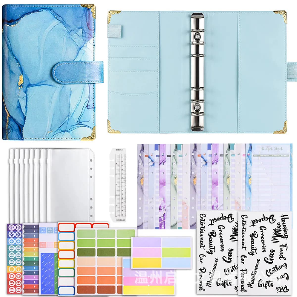 Classeur à anneaux A6 en similicuir avec pochette zippée, carnet budget bleu lac
