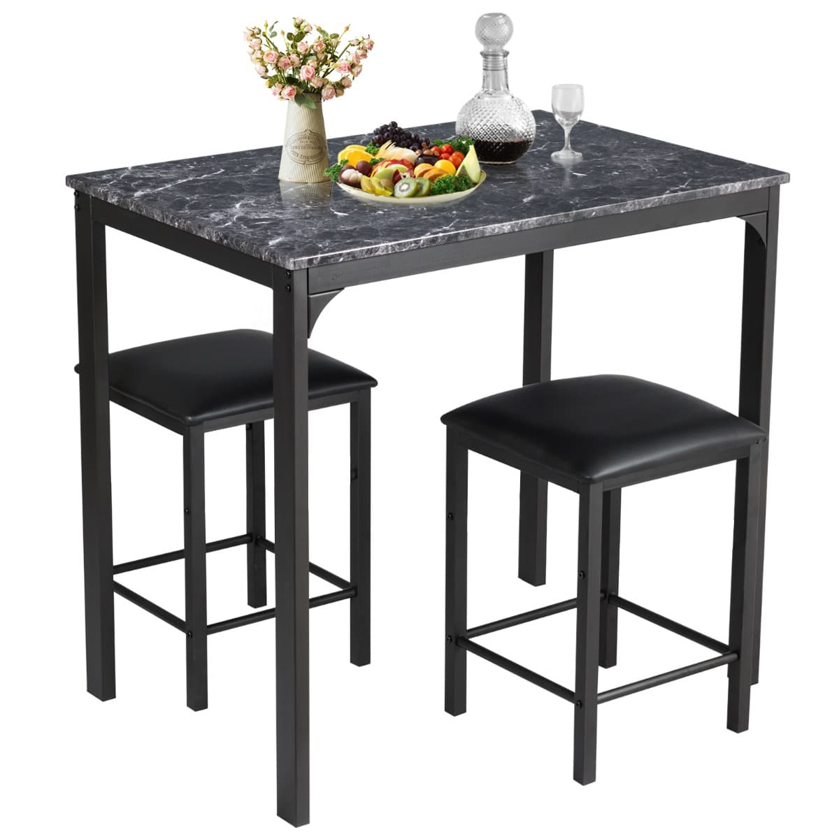 Table Haute Cuisine avec 2 Tabourets Table Bar Cuisine Cadre en Métal Mange-Debout Industriel pour B